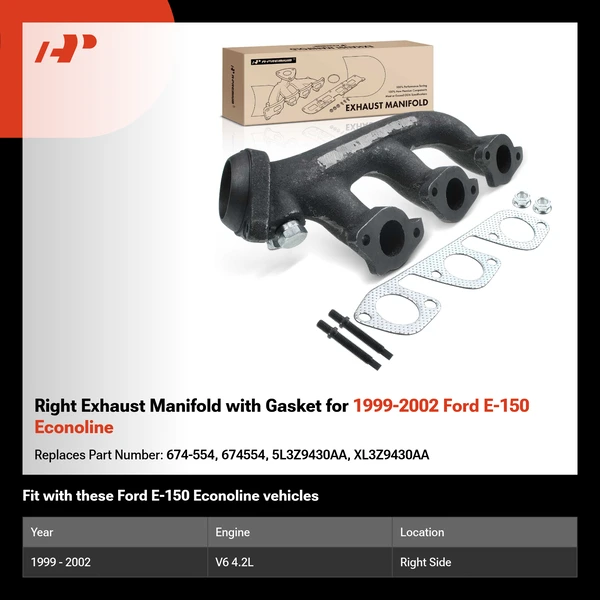 Right Exhaust Manifold with Gasket for 1999-2002 Ford E-150 Econoline