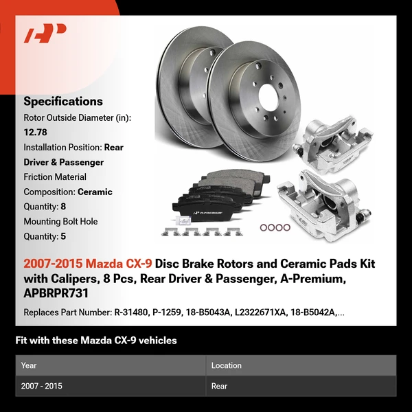 2007-2015 Mazda CX-9 Disc Brake Rotors and Ceramic Pads Kit with Calipers, 8 Pcs, Rear Driver & Passenger, A-Premium, APBRPR731
