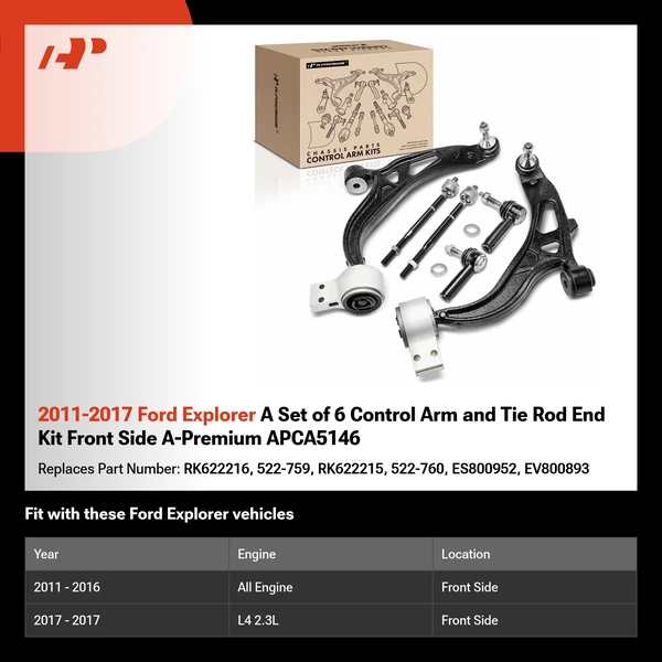 2011-2017 Ford Explorer A Set of 6 Control Arm and Tie Rod End Kit Front Side A-Premium APCA5146
