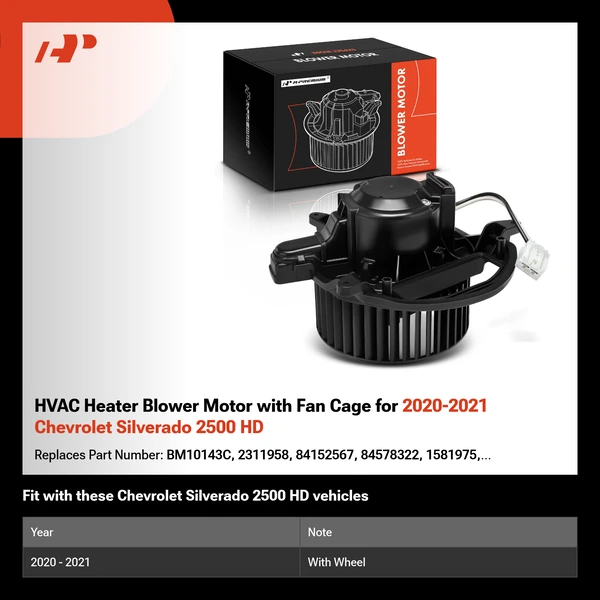 HVAC Heater Blower Motor with Fan Cage for 2020-2021 Chevrolet Silverado 2500 HD