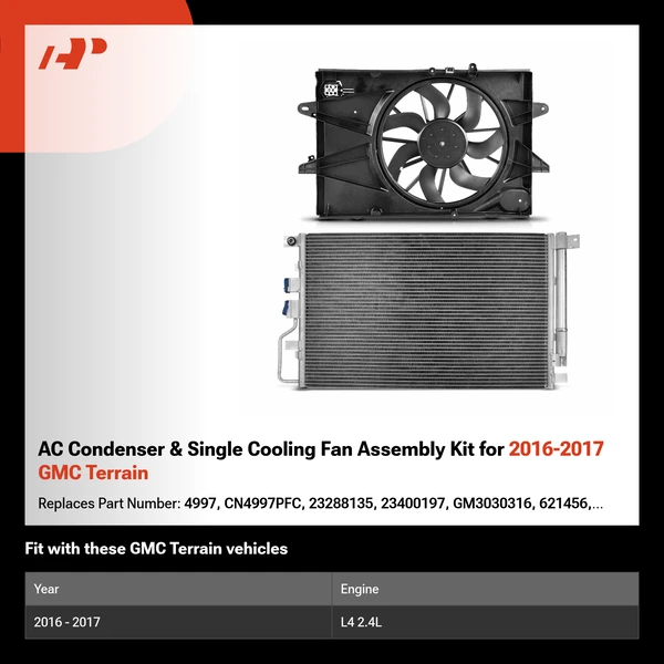 AC Condenser & Single Cooling Fan Assembly Kit for 2016-2017 GMC Terrain