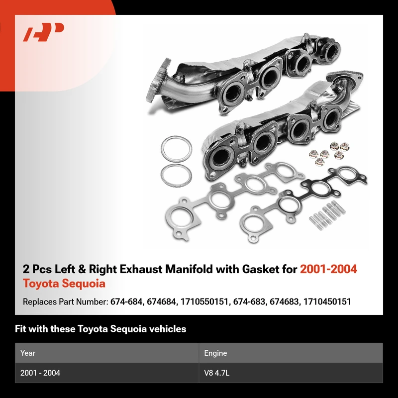 2 Pcs Left & Right Exhaust Manifold with Gasket for 2001-2004 Toyota Sequoia