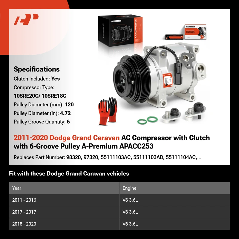2011-2020 Dodge Grand Caravan AC Compressor with Clutch with 6-Groove Pulley A-Premium APACC253