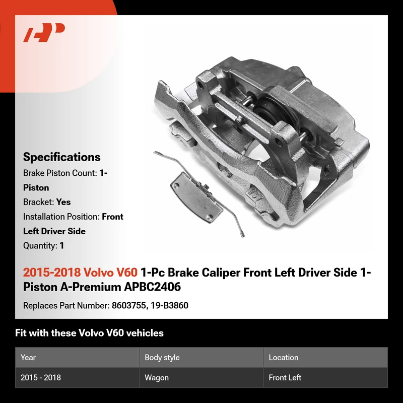 2015-2018 Volvo V60 1-Pc Brake Caliper Front Left Driver Side 1-Piston A-Premium APBC2406