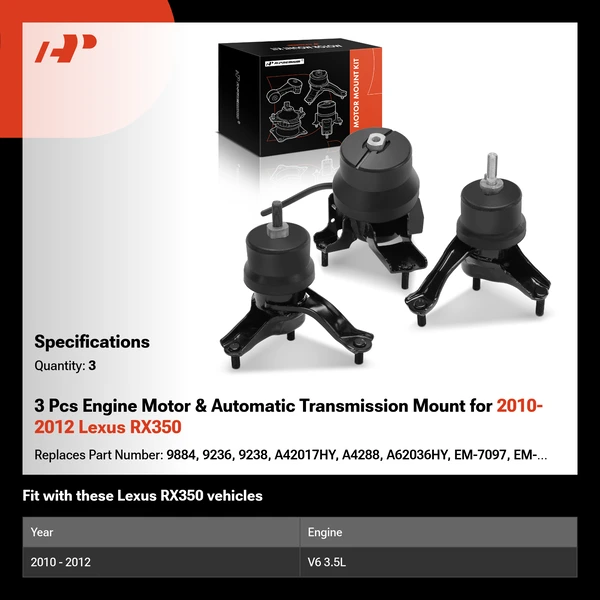 3 Pcs Engine Motor & Automatic Transmission Mount for 2010-2012 Lexus RX350