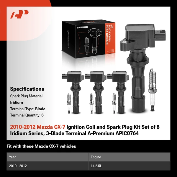 2010-2012 Mazda CX-7 Ignition Coil and Spark Plug Kit Set of 8 Iridium Series, 3-Blade Terminal A-Premium APIC0764