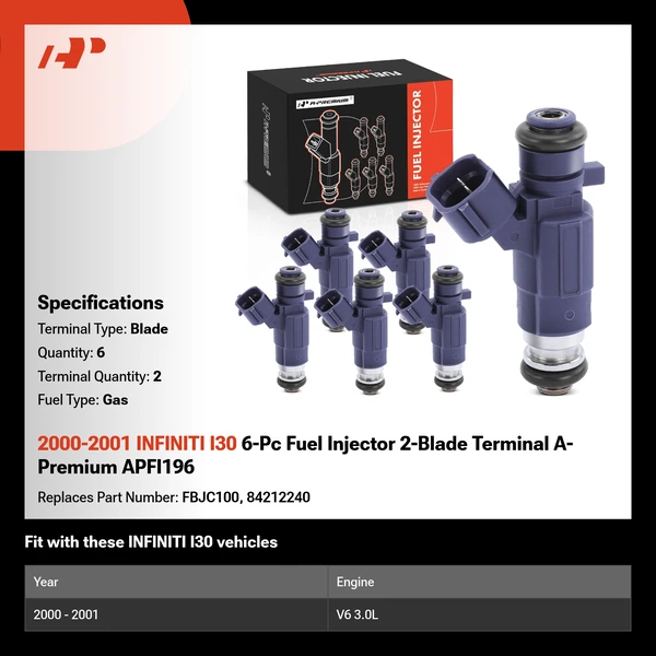 2000-2001 INFINITI I30 6-Pc Fuel Injector 2-Blade Terminal A-Premium APFI196