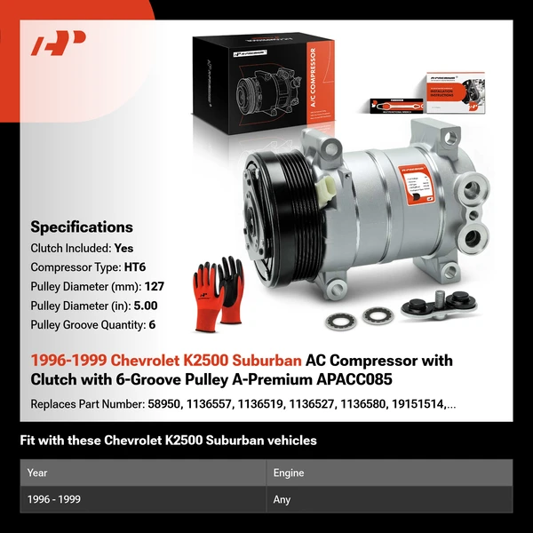 1996-1999 Chevrolet K2500 Suburban AC Compressor with Clutch with 6-Groove Pulley A-Premium APACC085