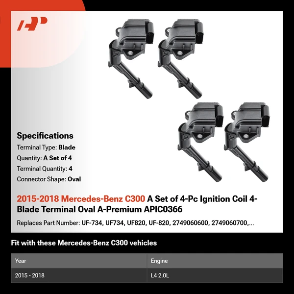 2015-2018 Mercedes-Benz C300 A Set of 4-Pc Ignition Coil 4-Blade Terminal Oval A-Premium APIC0366