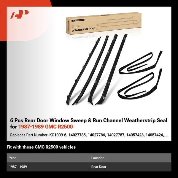 6 Pcs Rear Door Window Sweep & Run Channel Weatherstrip Seal for 1987-1989 GMC R2500