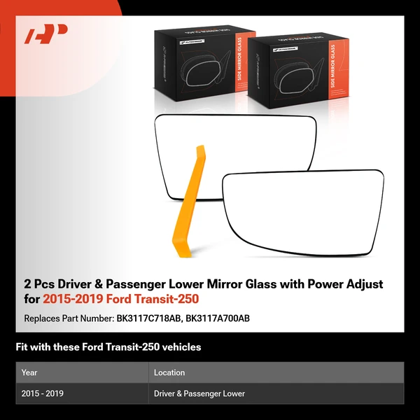 2 Pcs Driver & Passenger Lower Mirror Glass with Power Adjust for 2015-2019 Ford Transit-250