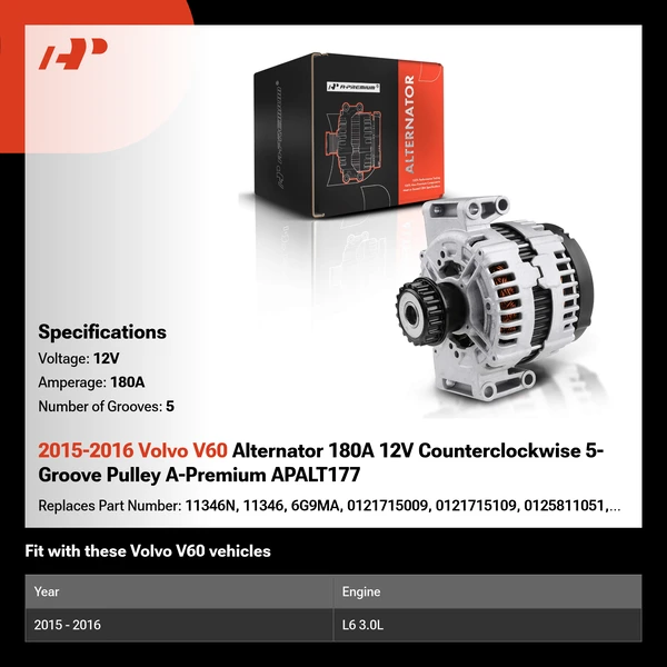 2015-2016 Volvo V60 Alternator 180A 12V Counterclockwise 5-Groove Pulley A-Premium APALT177