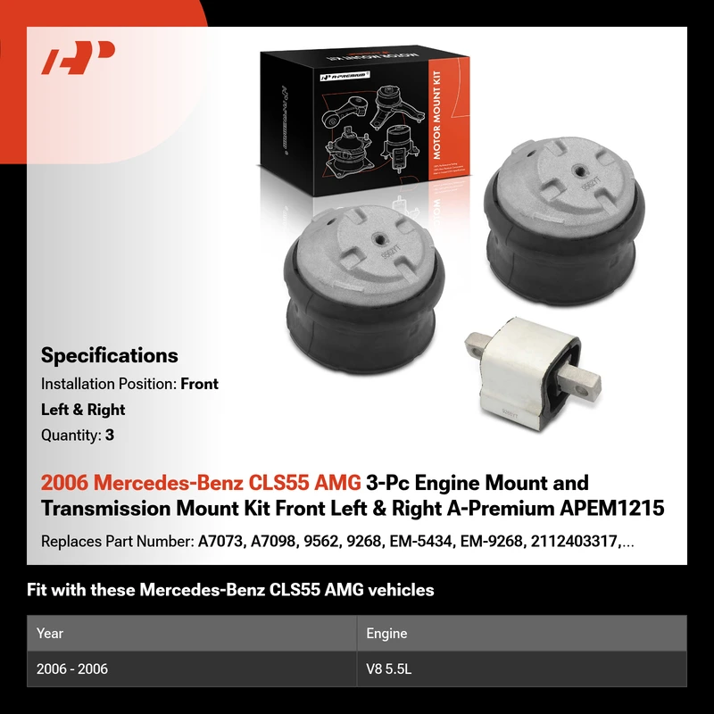 2006 Mercedes-Benz CLS55 AMG 3-Pc Engine Mount and Transmission Mount Kit Front Left & Right A-Premium APEM1215