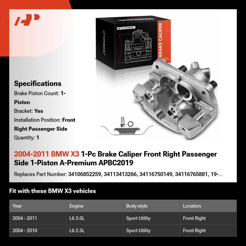 2004-2011 BMW X3 1-Pc Brake Caliper Front Right Passenger Side 1-Piston A-Premium APBC2019