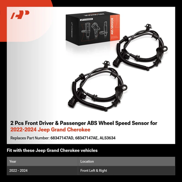 2 Pcs Front Driver & Passenger ABS Wheel Speed Sensor for 2022-2024 Jeep Grand Cherokee