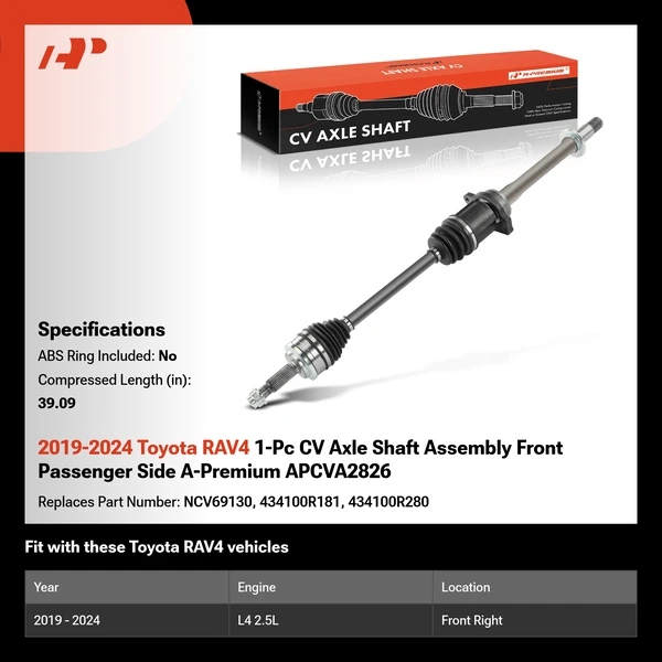 2019-2024 Toyota RAV4 1-Pc CV Axle Shaft Assembly Front Passenger Side A-Premium APCVA2826