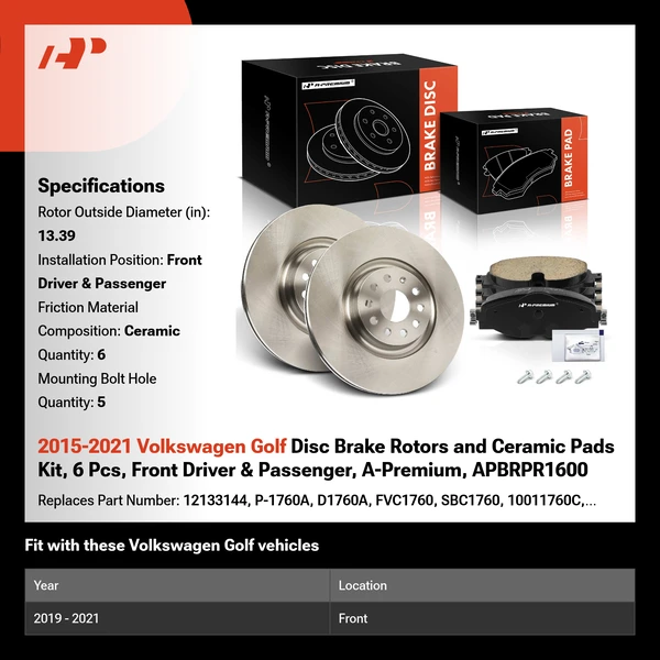 2015-2021 Volkswagen Golf Disc Brake Rotors and Ceramic Pads Kit, 6 Pcs, Front Driver & Passenger, A-Premium, APBRPR1600