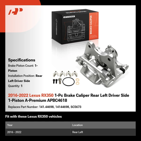 2016-2022 Lexus RX350 1-Pc Brake Caliper Rear Left Driver Side 1-Piston A-Premium APBC4618