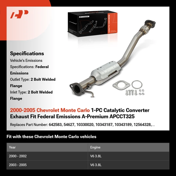 2000-2005 Chevrolet Monte Carlo 1-PC Catalytic Converter Exhaust Fit Federal Emissions A-Premium APCCT325