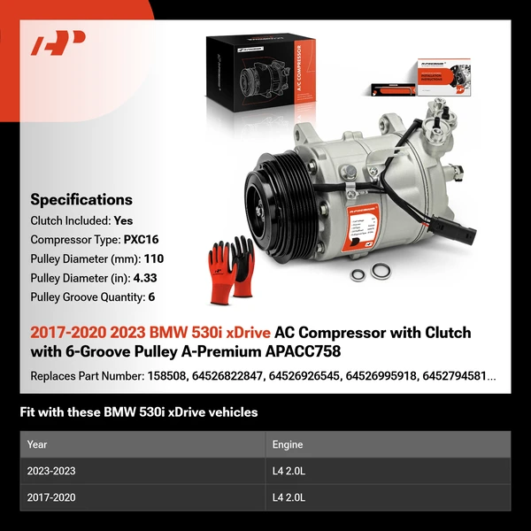 2017-2020 2023 BMW 530i xDrive AC Compressor with Clutch with 6-Groove Pulley A-Premium APACC758