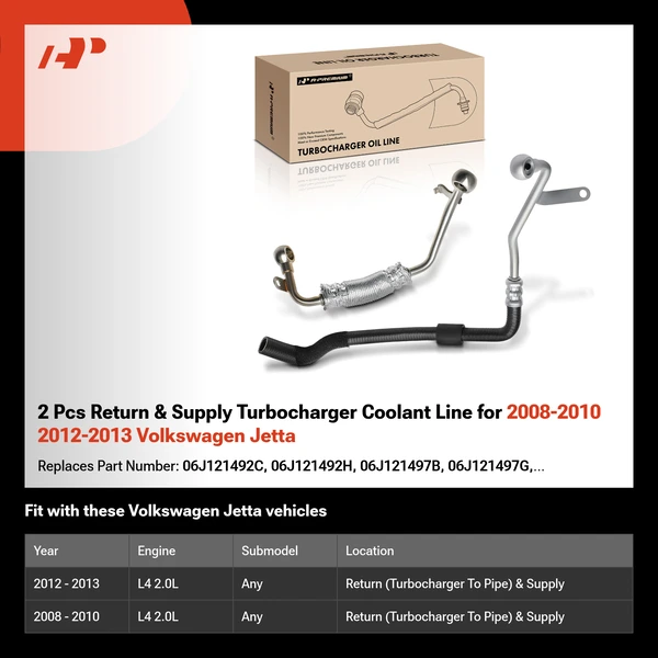 2 Pcs Return & Supply Turbocharger Coolant Line for 2008-2010 2012-2013 Volkswagen Jetta
