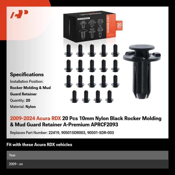 2009-2024 Acura RDX 20 Pcs 10mm Nylon Black Rocker Molding & Mud Guard Retainer A-Premium APRCF2093