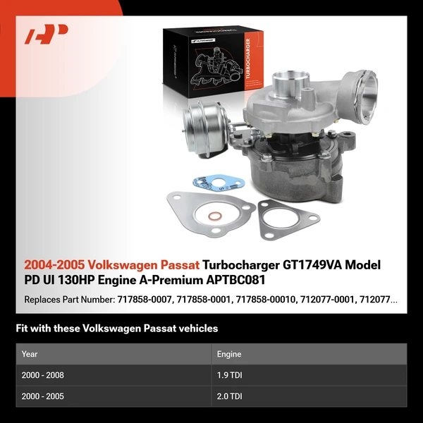 2004-2005 Volkswagen Passat Turbocharger GT1749VA Model PD UI 130HP Engine A-Premium APTBC081