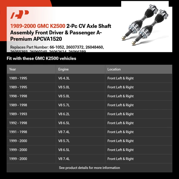 1989-2000 GMC K2500 2-Pc CV Axle Shaft Assembly Front Driver & Passenger A-Premium APCVA1520