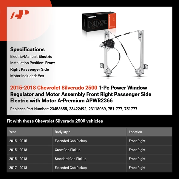 2015-2018 Chevrolet Silverado 2500 1-Pc Power Window Regulator and Motor Assembly Front Right Passenger Side Electric with Motor A-Premium APWR2366