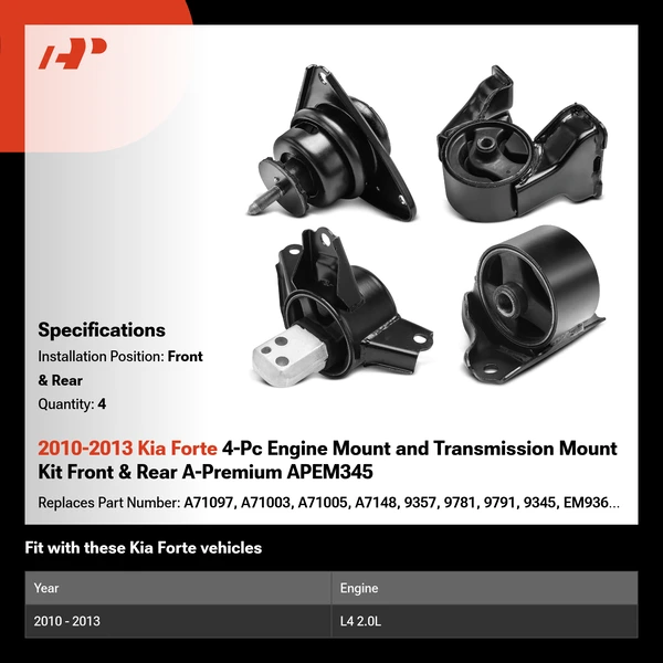 2010-2013 Kia Forte 4-Pc Engine Mount and Transmission Mount Kit Front & Rear A-Premium APEM345