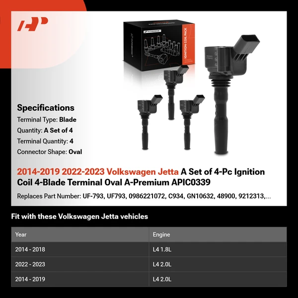 2014-2019 2022-2023 Volkswagen Jetta A Set of 4-Pc Ignition Coil 4-Blade Terminal Oval A-Premium APIC0339