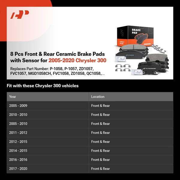 8 Pcs Front & Rear Ceramic Brake Pads with Sensor for 2005-2020 Chrysler 300