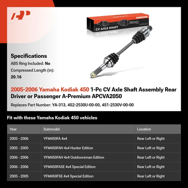 2005-2006 Yamaha Kodiak 450 1-Pc CV Axle Shaft Assembly Rear Driver or Passenger A-Premium APCVA2050