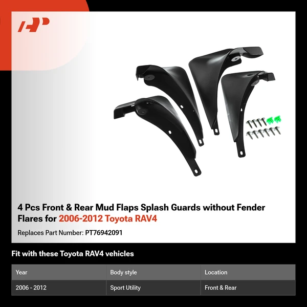 4 Pcs Front & Rear Mud Flaps Splash Guards without Fender Flares for 2006-2012 Toyota RAV4