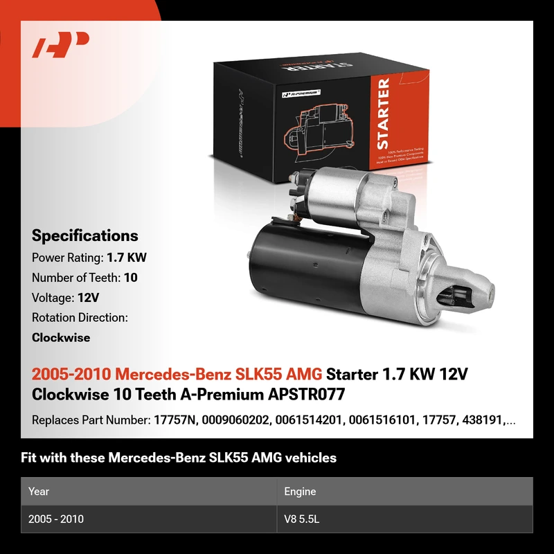2005-2010 Mercedes-Benz SLK55 AMG Starter 1.7 KW 12V Clockwise 10 Teeth A-Premium APSTR077