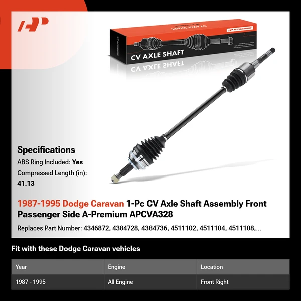 1987-1995 Dodge Caravan 1-Pc CV Axle Shaft Assembly Front Passenger Side A-Premium APCVA328