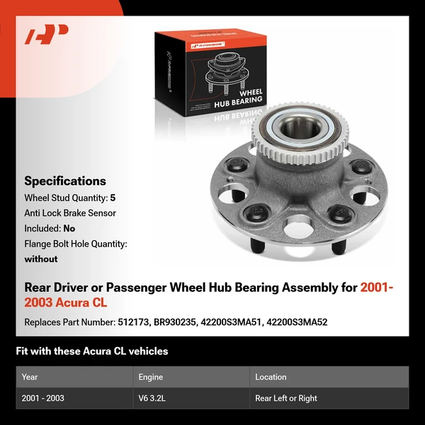 Rear Driver or Passenger Wheel Hub Bearing Assembly for 2001-2003 Acura CL