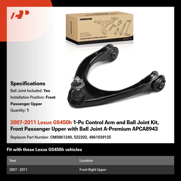 2007-2011 Lexus GS450h 1-Pc Control Arm and Ball Joint Kit, Front Passenger Upper with Ball Joint A-Premium APCA8943