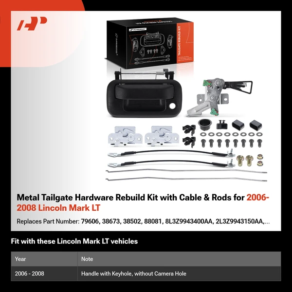 Metal Tailgate Hardware Rebuild Kit with Cable & Rods for 2006-2008 Lincoln Mark LT