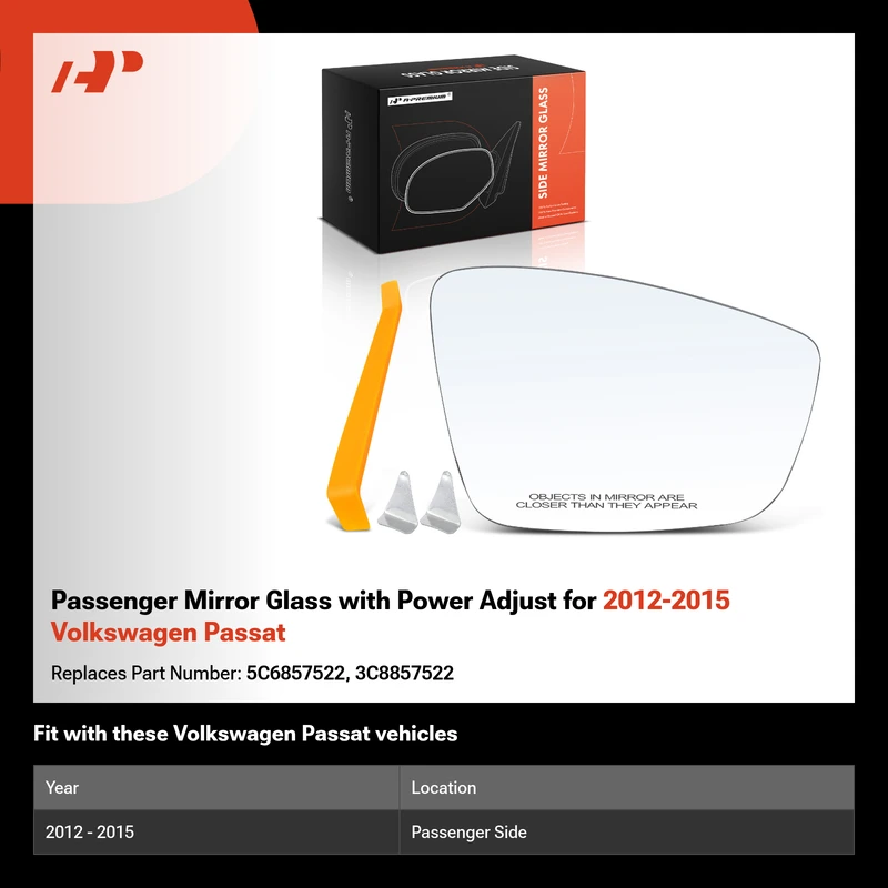 Passenger Mirror Glass with Power Adjust for 2012-2015 Volkswagen Passat