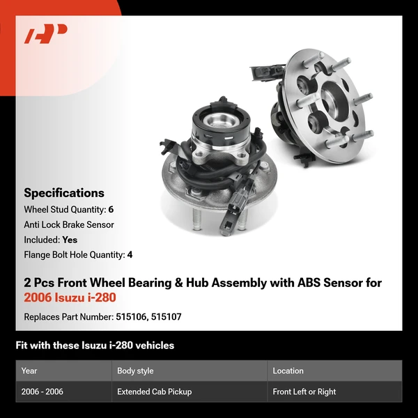 2 Pcs Front Wheel Bearing & Hub Assembly with ABS Sensor for 2006 Isuzu i-280