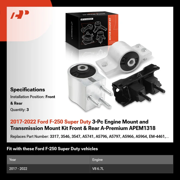 2017-2022 Ford F-250 Super Duty 3-Pc Engine Mount and Transmission Mount Kit Front & Rear A-Premium APEM1318