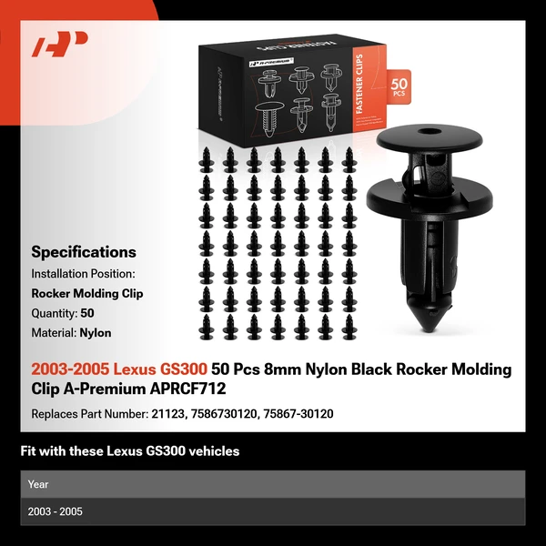 2003-2005 Lexus GS300 50 Pcs 8mm Nylon Black Rocker Molding Clip A-Premium APRCF712