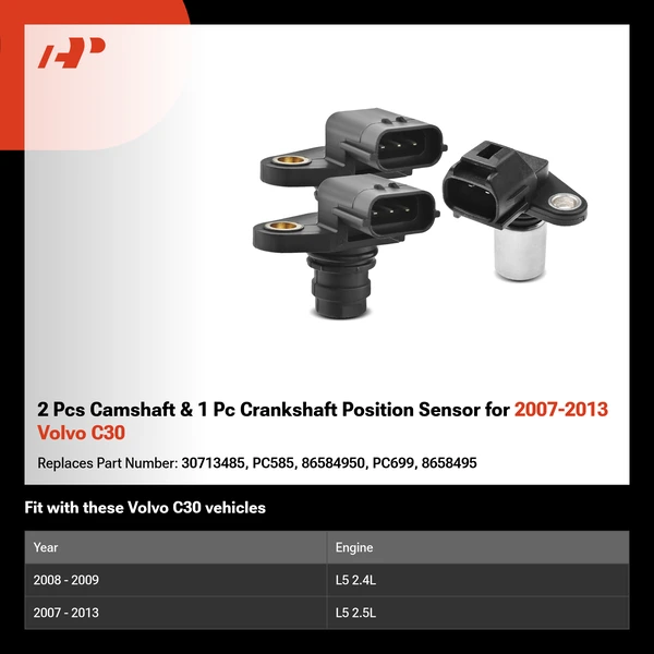 2 Pcs Camshaft & 1 Pc Crankshaft Position Sensor for 2007-2013 Volvo C30