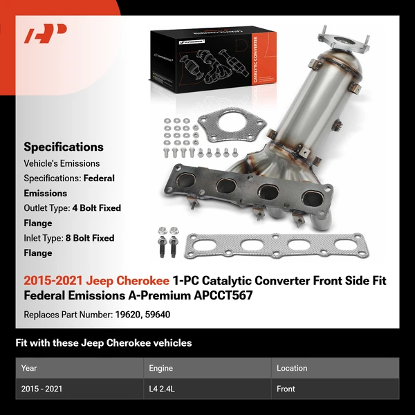 2015-2021 Jeep Cherokee 1-PC Catalytic Converter Front Side Fit Federal Emissions A-Premium APCCT567