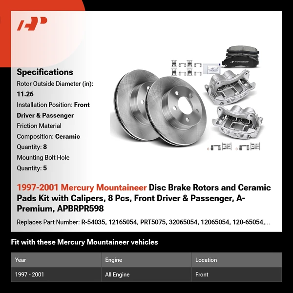 1997-2001 Mercury Mountaineer Disc Brake Rotors and Ceramic Pads Kit with Calipers, 8 Pcs, Front Driver & Passenger, A-Premium, APBRPR598