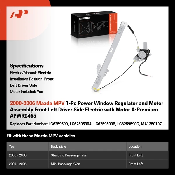 2000-2006 Mazda MPV 1-Pc Power Window Regulator and Motor Assembly Front Left Driver Side Electric with Motor A-Premium APWR0465