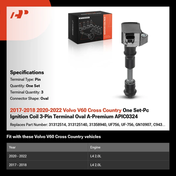 2017-2018 2020-2022 Volvo V60 Cross Country One Set-Pc Ignition Coil 3-Pin Terminal Oval A-Premium APIC0324