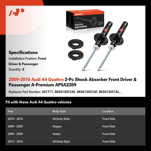 2009-2016 Audi A4 Quattro 2-Pc Shock Absorber Front Driver & Passenger A-Premium APSA2359