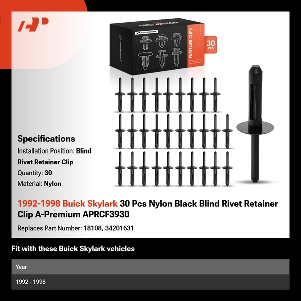 1992-1998 Buick Skylark 30 Pcs Nylon Black Blind Rivet Retainer Clip A-Premium APRCF3930